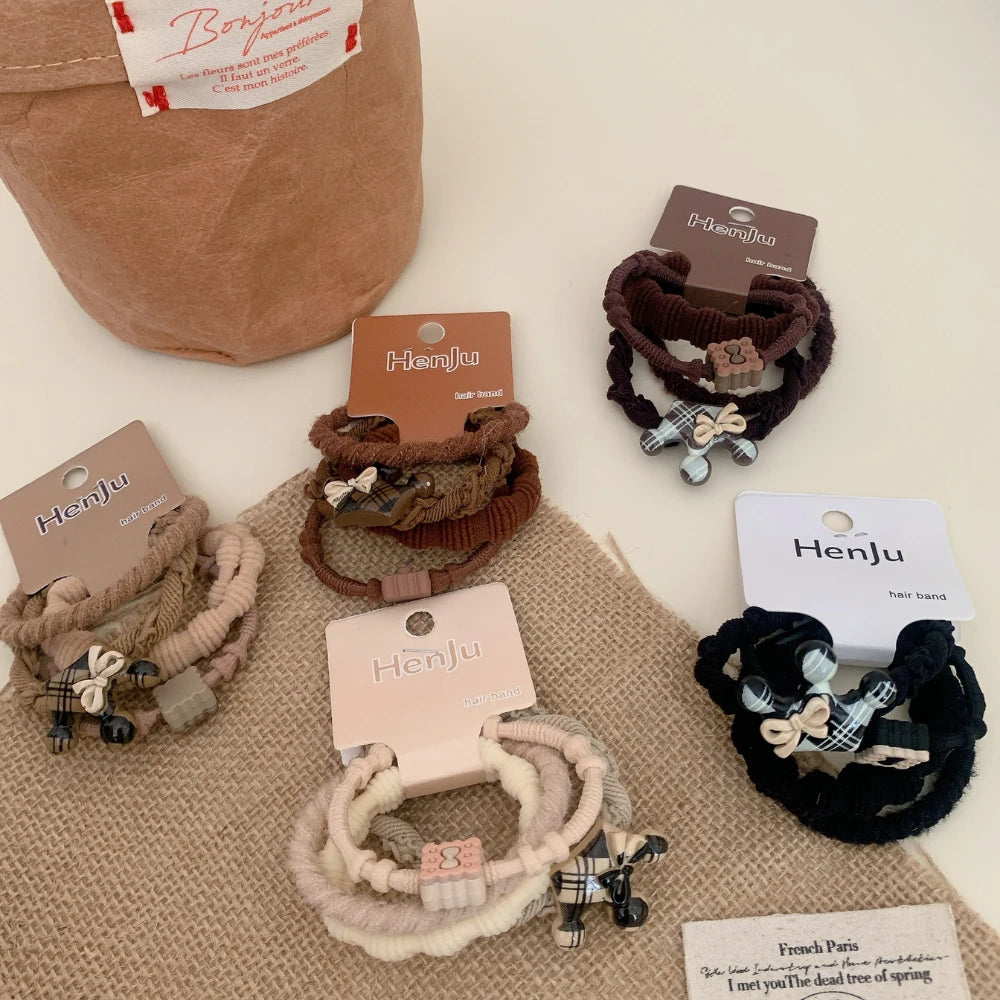 3-Pack Preppy Plaid Hair Tie Set with Bear Charm