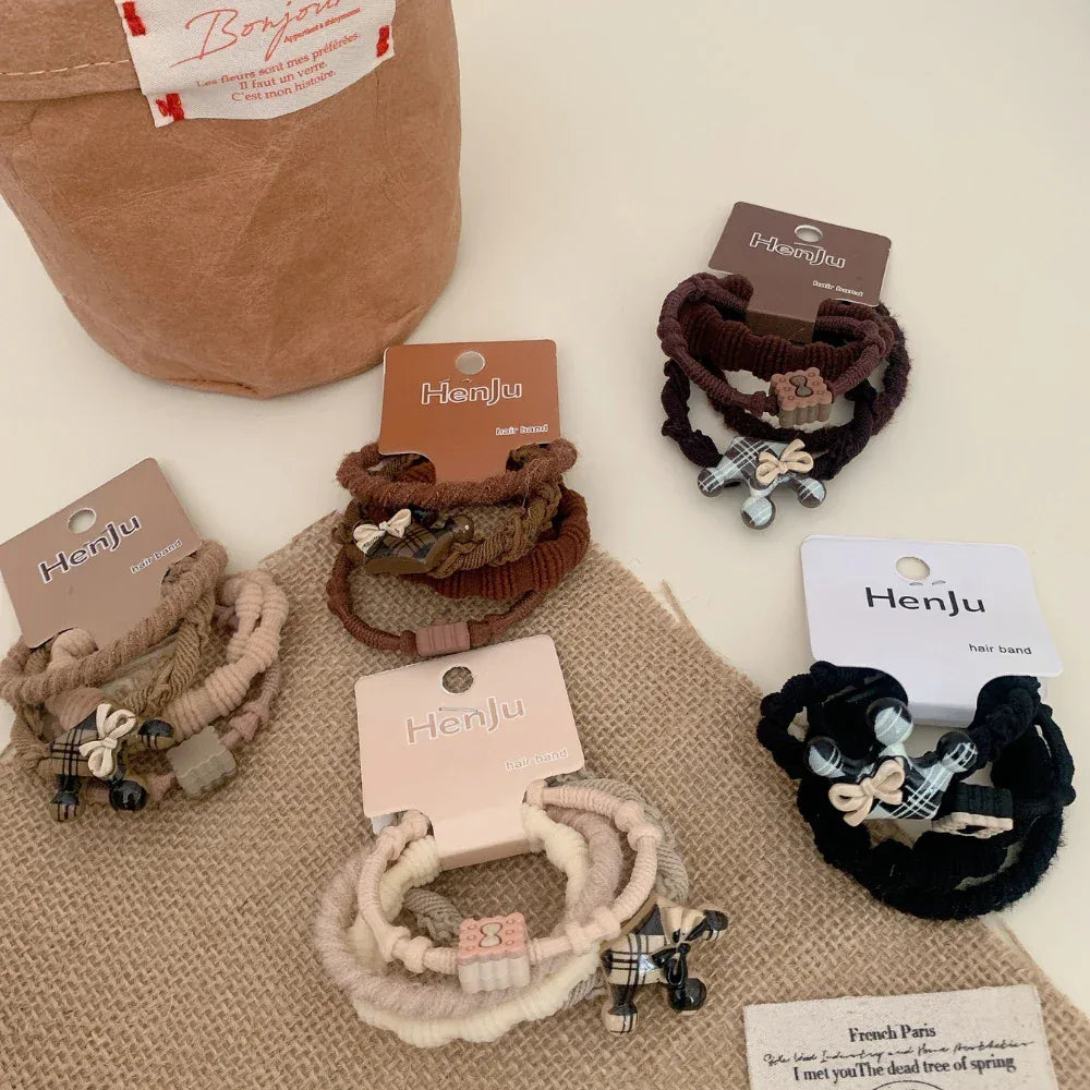 3-pack preppy plaid hair ties with bear charm - View 10 | TEVQA