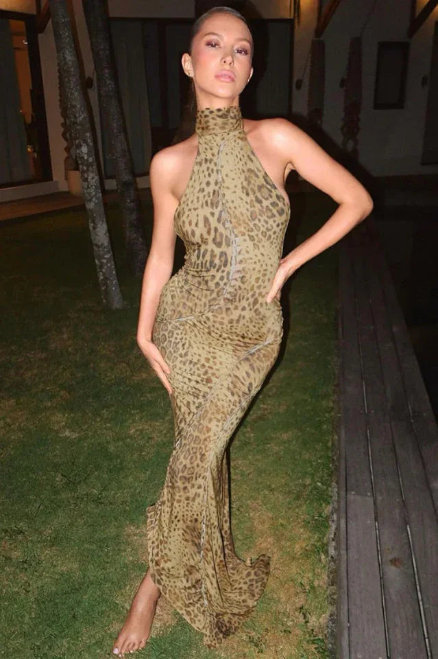 Leopard print maxi dress with halter neck - View 8 | TEVQA