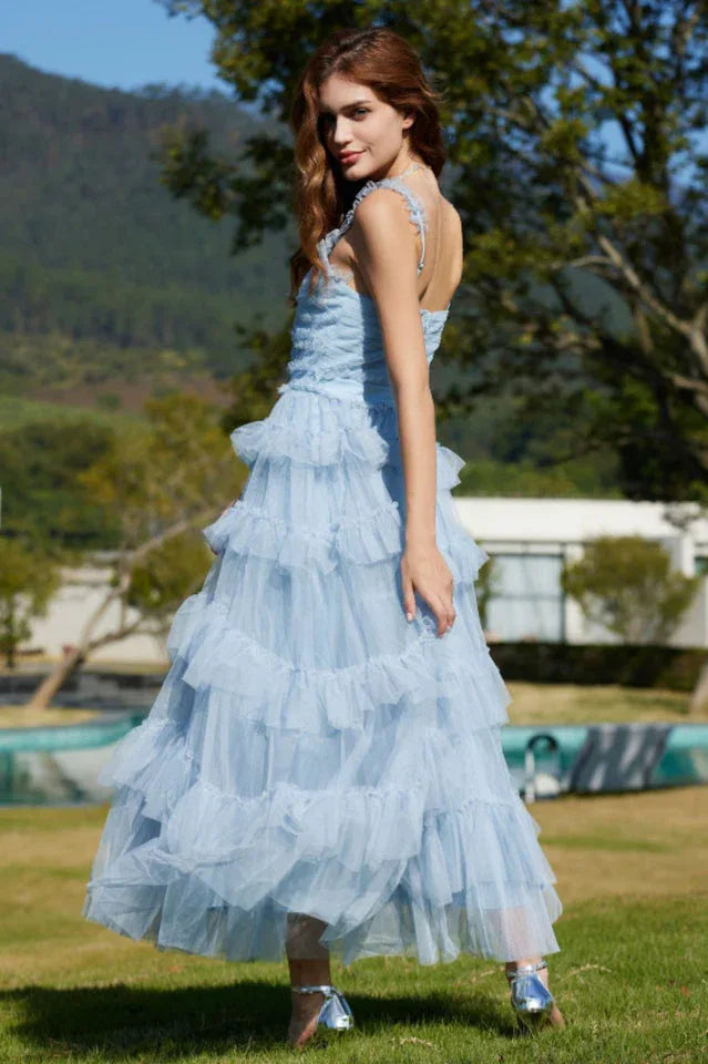 Tiered Tulle V-Neck Evening Dress in Mistyrose - View 10 | TEVQA