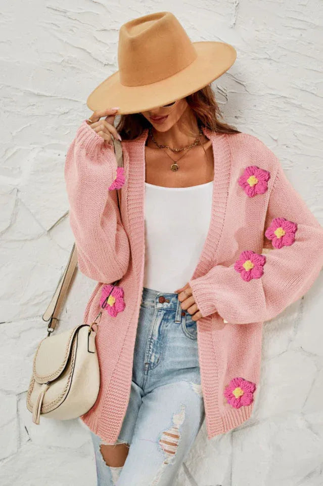 Camel 3D Floral Lantern Sleeve Cardigan - View 20 | TEVQA