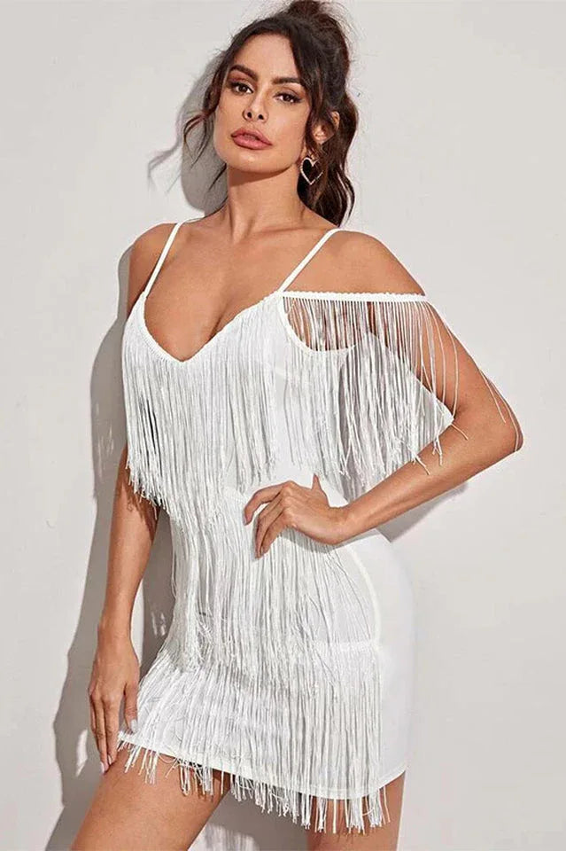 Pora Mini Halter Dress with Tassels - TEVQA