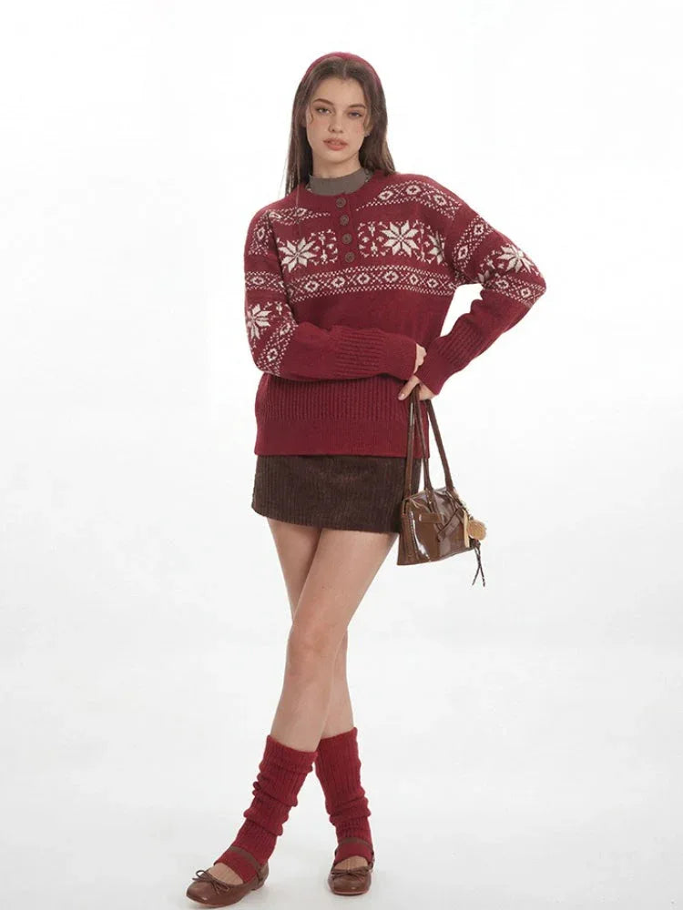 Vintage Red Fair Isle Henley Sweater - TEVQA