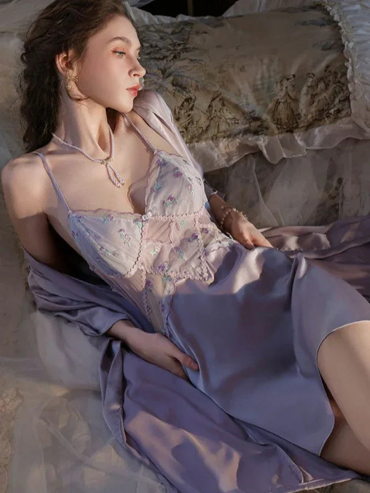 Champagne gold floral lace ice silk slip dress and robe set - View 6 | TEVQA