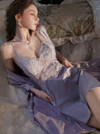 Champagne gold floral lace ice silk slip dress and robe set - View 6 | TEVQA