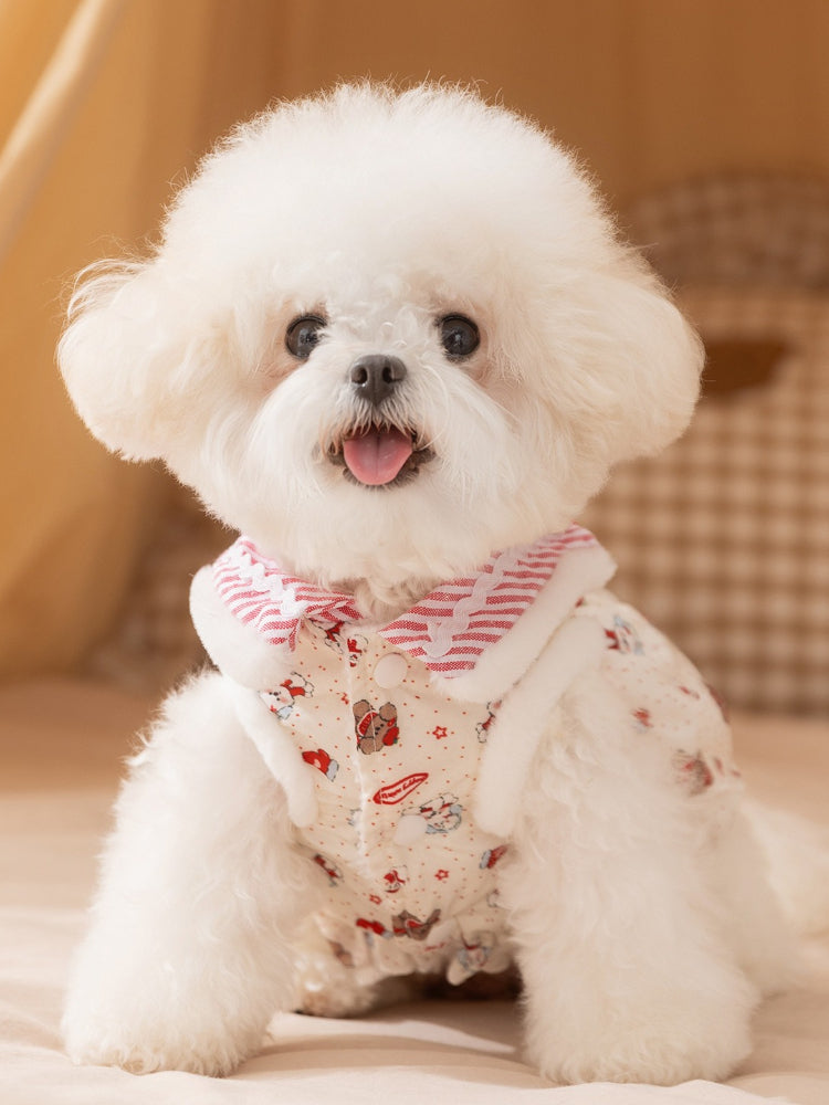 Warm Bear Print Fleece Dog Dress with Big Bow