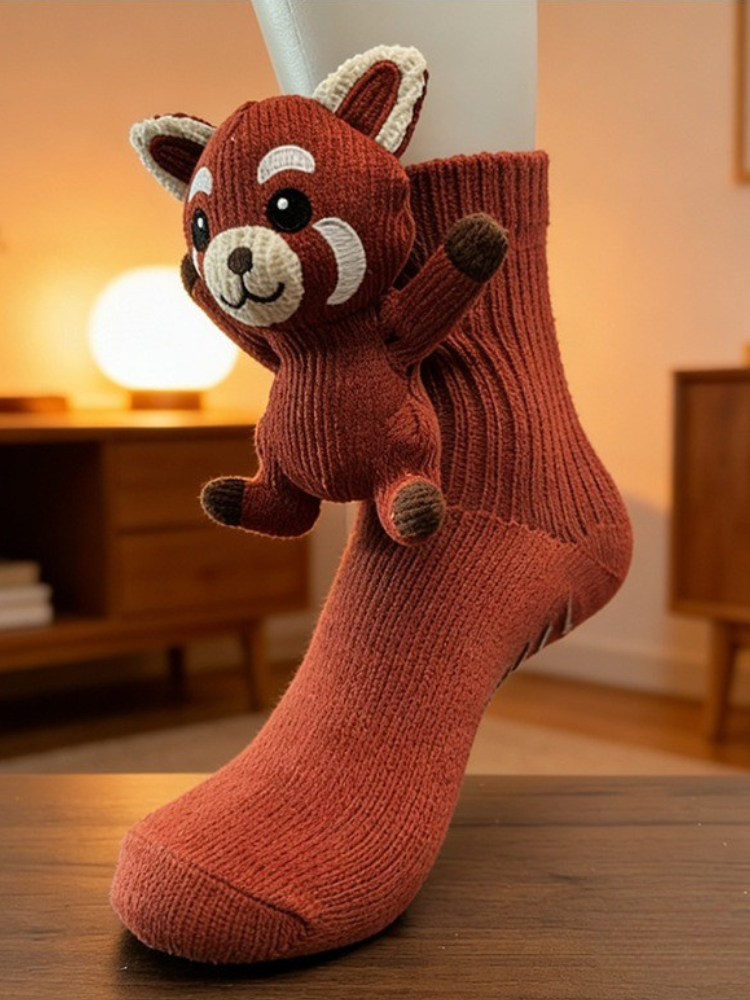 Red panda character crew sock on a mannequin leg
