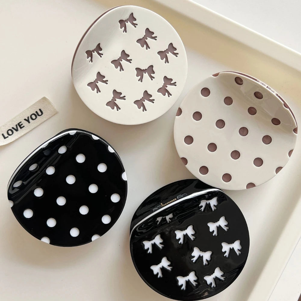 Acetate 2.5 Inch Round Hair Claw Clip - Polka Dot & Bow Print