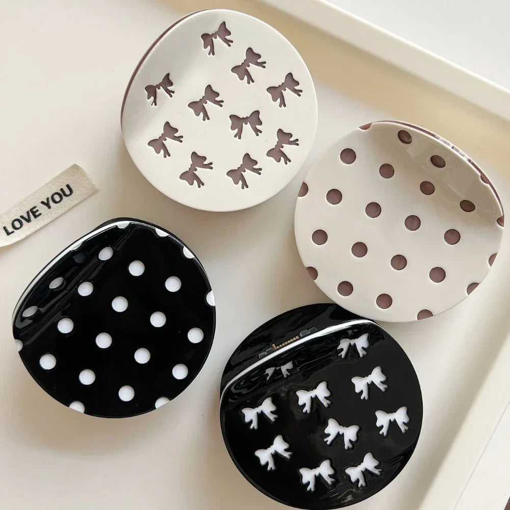 Acetate 2.5 Inch Round Hair Claw Clip - Polka Dot & Bow Print - TEVQA