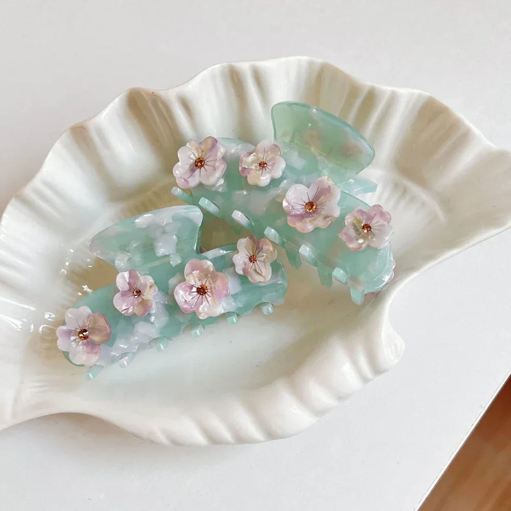 Mint and Sakura floral hair claw clip - View 6 | TEVQA
