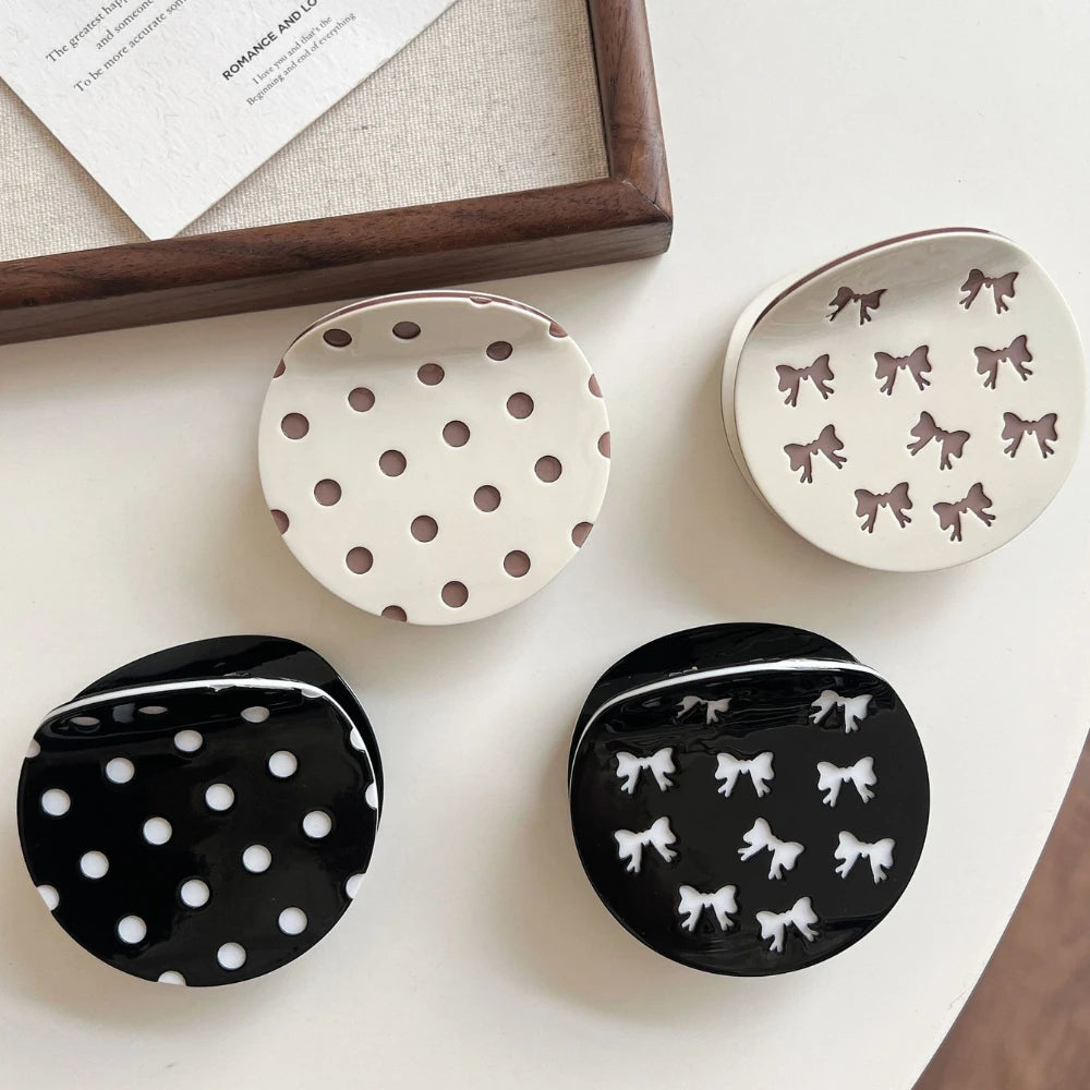 Acetate 2.5 Inch Round Hair Claw Clip - Polka Dot & Bow Print