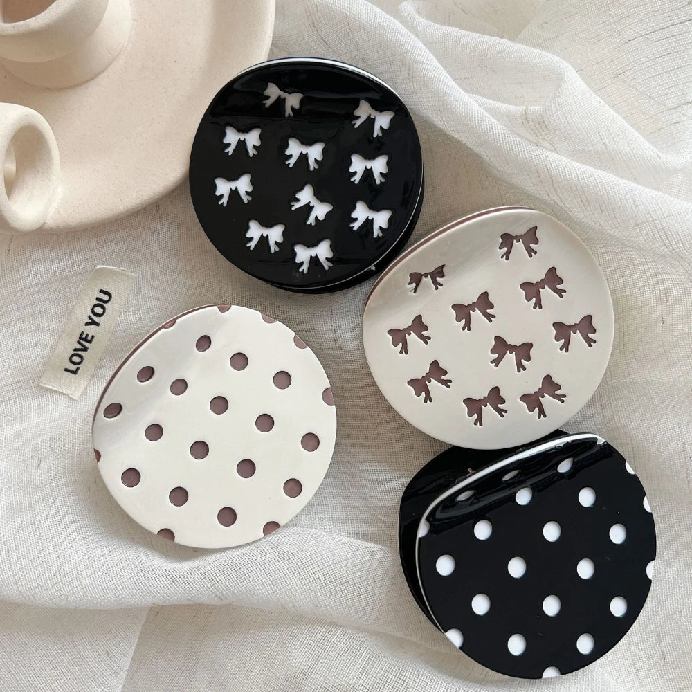 Acetate 2.5 Inch Round Hair Claw Clip - Polka Dot & Bow Print