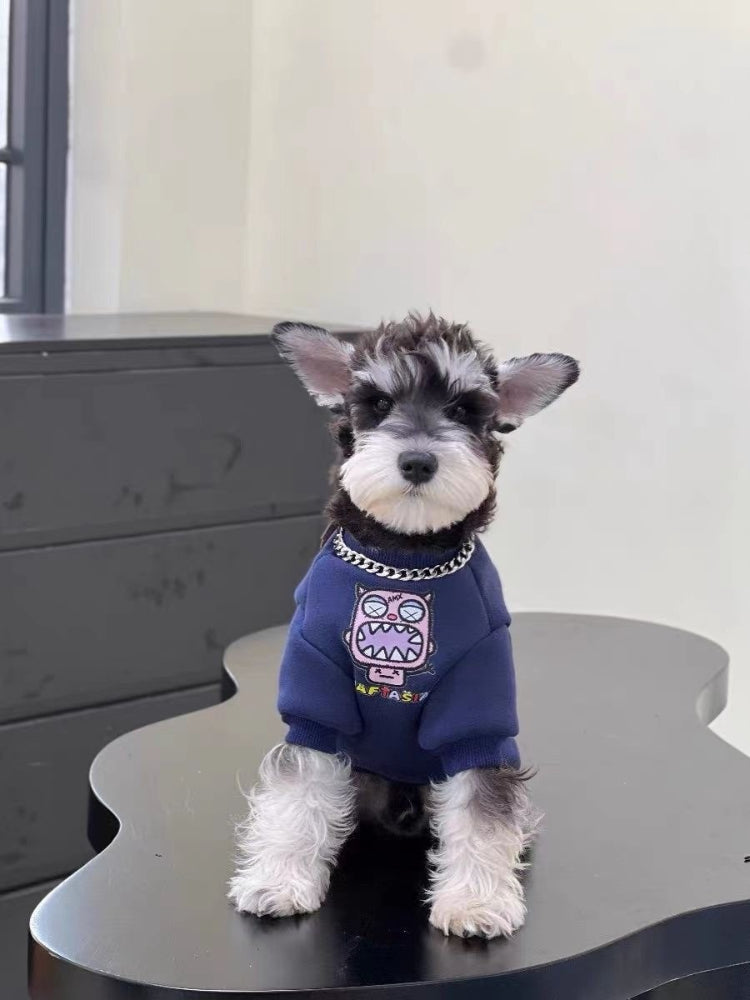 Front view of a Mini Schnauzer puppy wearing a navy blue sweatshirt with a pink monster graphic and chain detail, sitting on a black table.