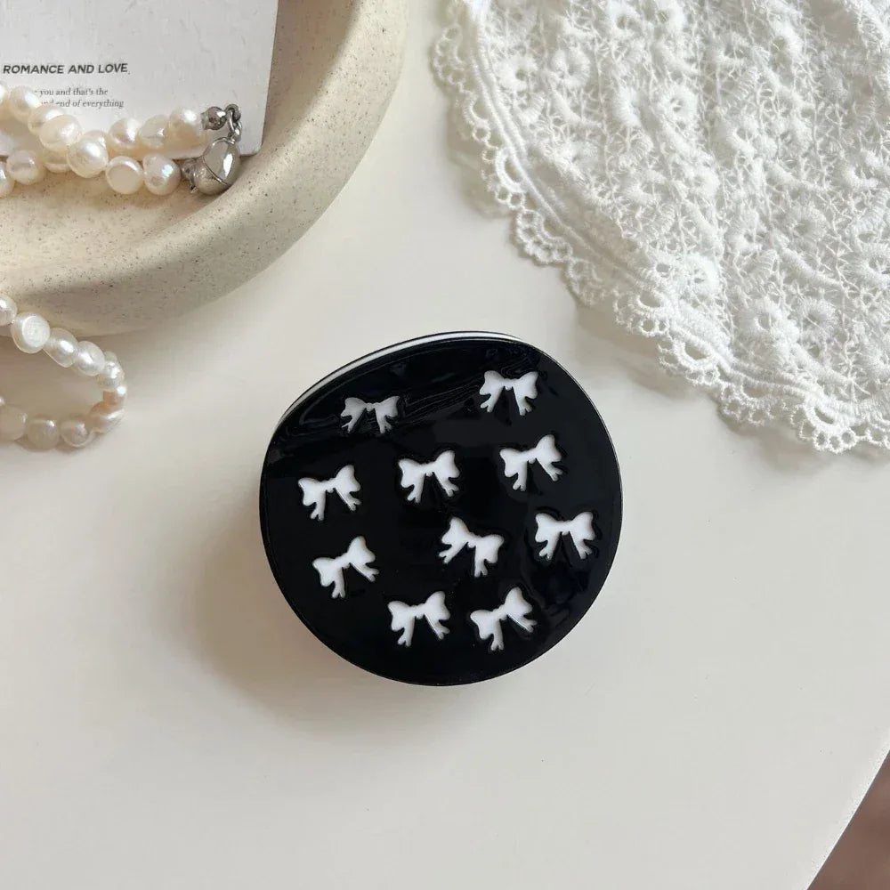Acetate 2.5 Inch Round Hair Claw Clip - Polka Dot & Bow Print - TEVQA