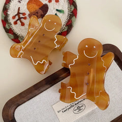 Jumbo Gingerbread Man Hair Claw Clip - 4.8 Inch Oversized Christmas Accessory - TEVQA