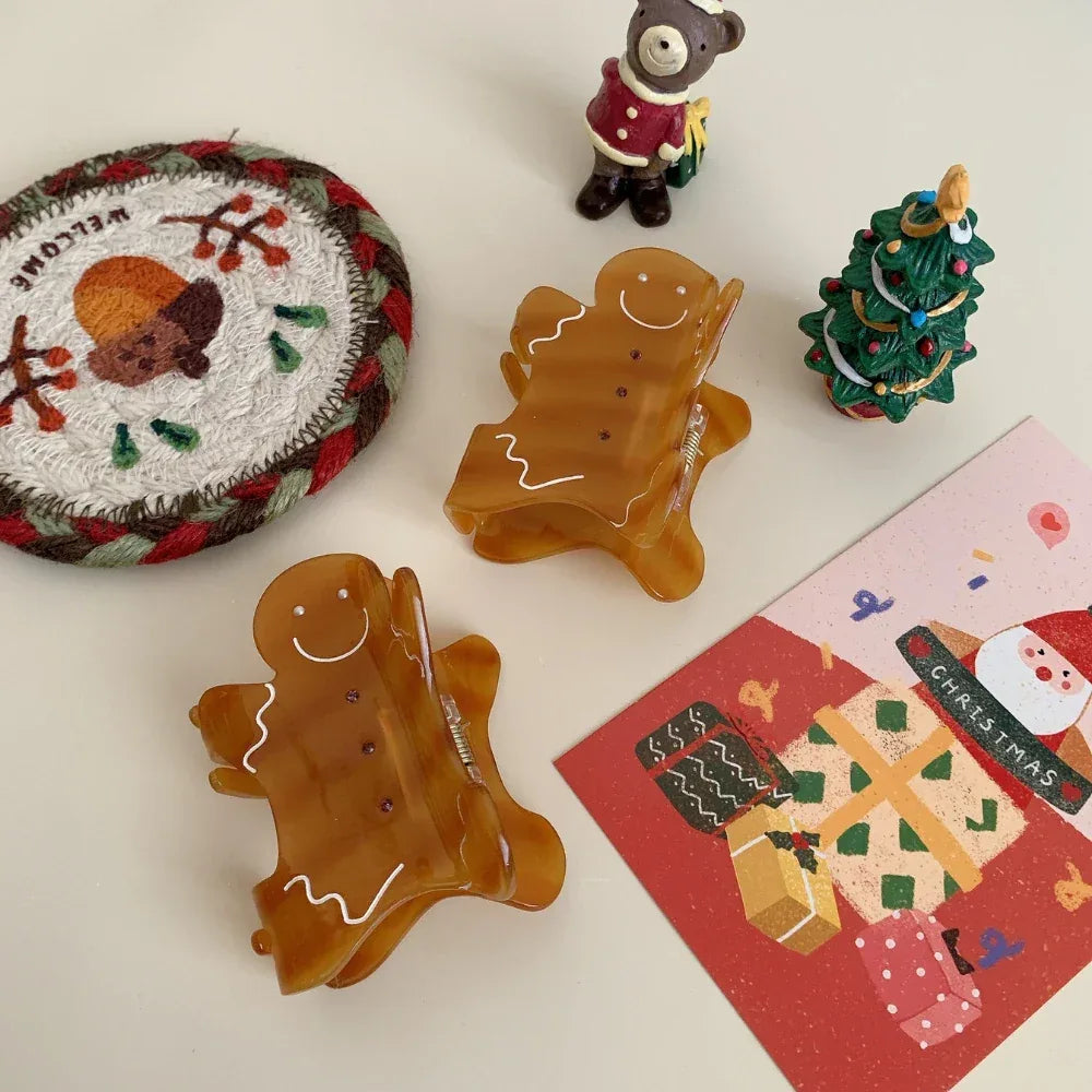 Jumbo Gingerbread Man Hair Claw Clip - 4.8 Inch Oversized Christmas Accessory - TEVQA