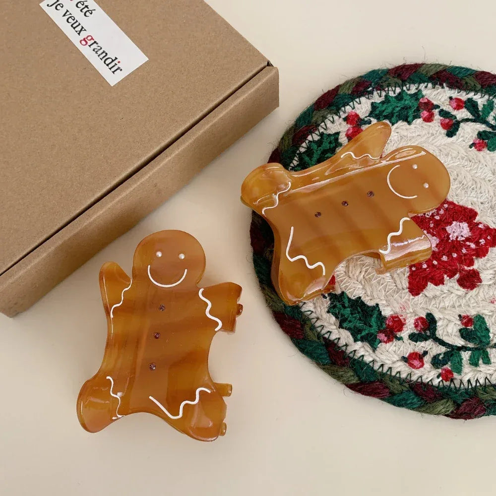 Jumbo Gingerbread Man Hair Claw Clip - 4.8 Inch Oversized Christmas Accessory - TEVQA