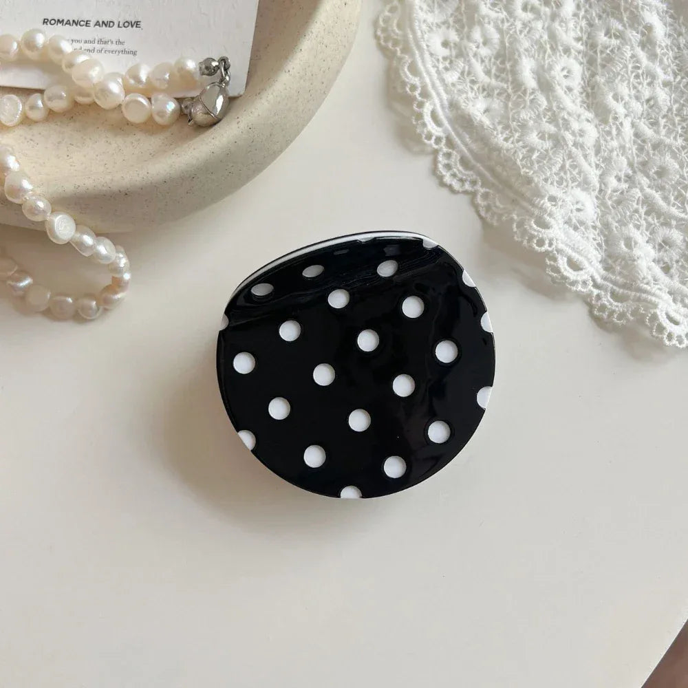 Acetate 2.5 Inch Round Hair Claw Clip - Polka Dot & Bow Print - TEVQA