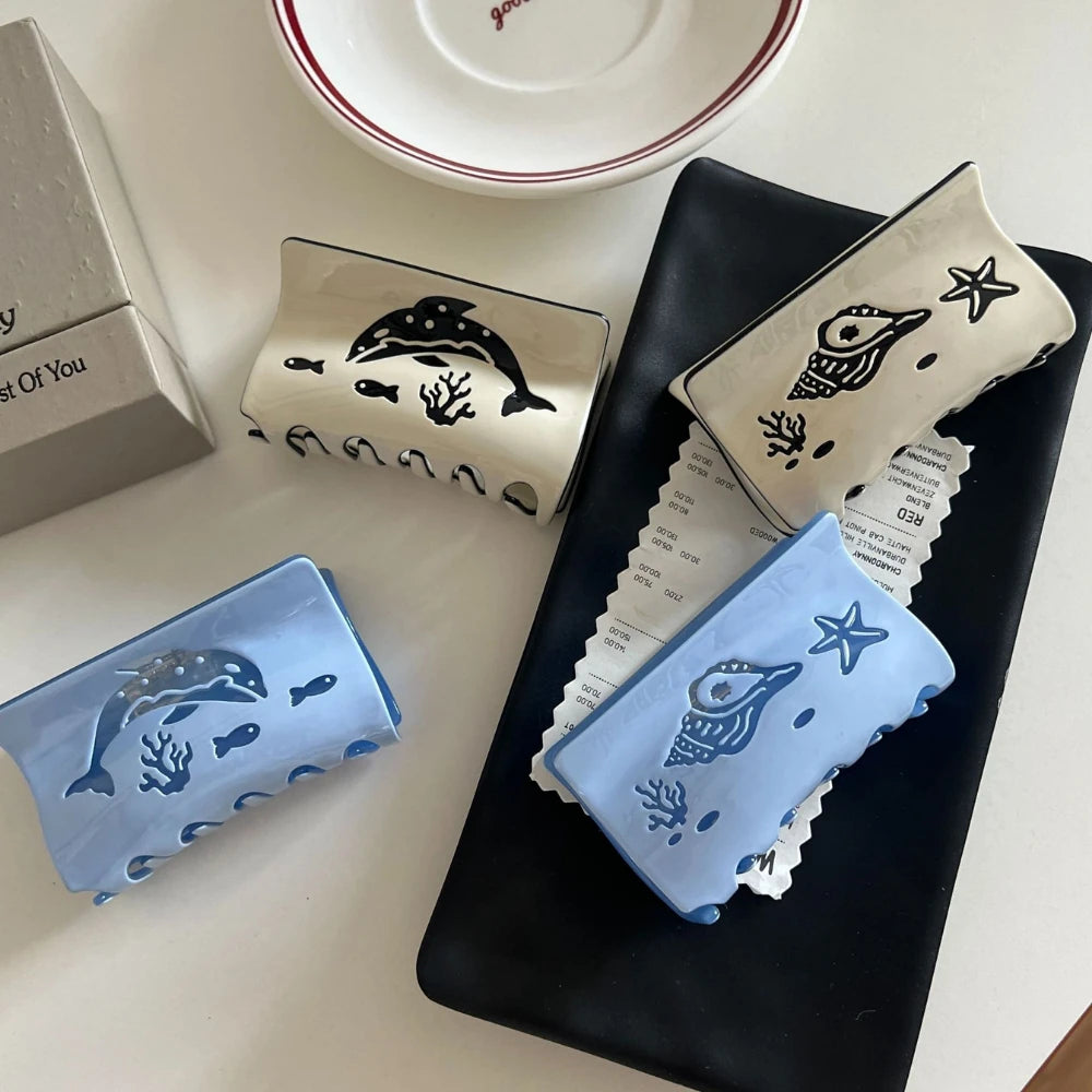 Carved Ocean Acetate Hair Claw Clip - 3.15 Inch Dolphin & Shell