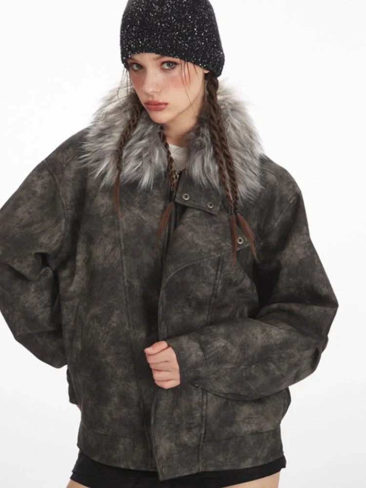 Vintage Distressed Faux Suede Biker Jacket - TEVQA
