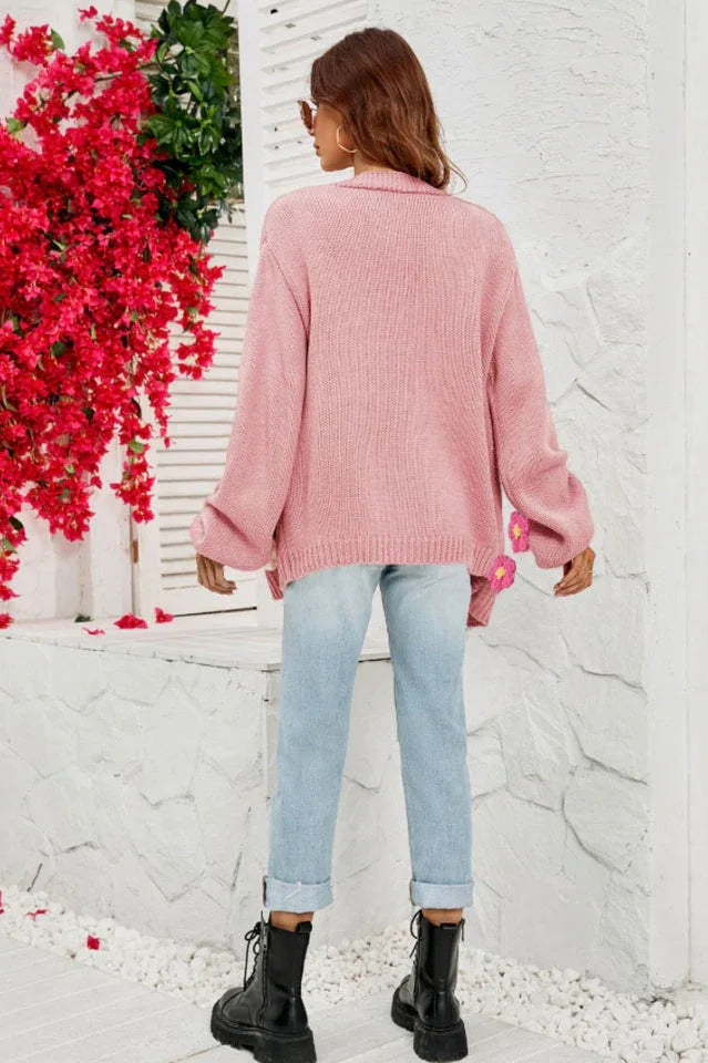 Camel 3D Floral Lantern Sleeve Cardigan - View 25 | TEVQA
