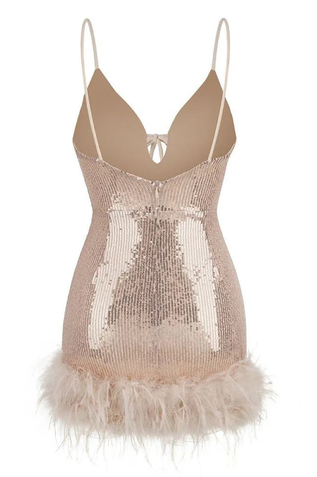 Mini Sequin Dress With Feather Trim - TEVQA