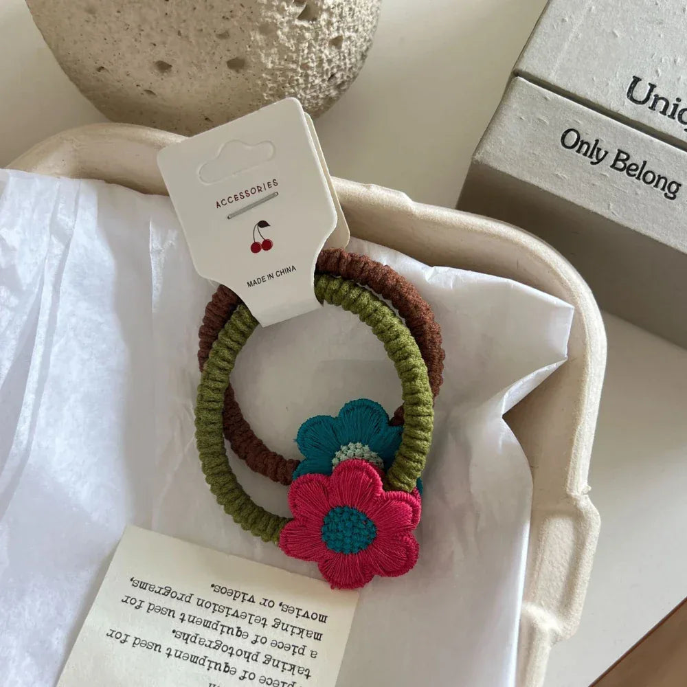 Knit flower hair tie with crochet floral applique - View 7 | TEVQA