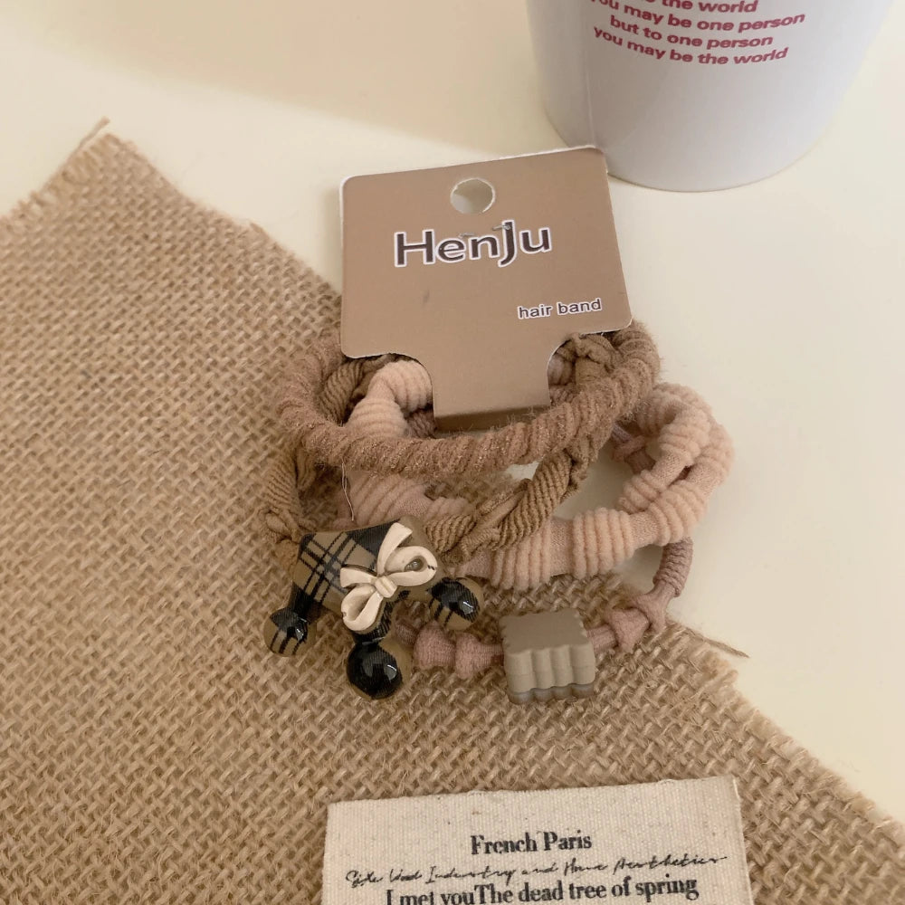 3-Pack Preppy Plaid Hair Tie Set with Bear Charm