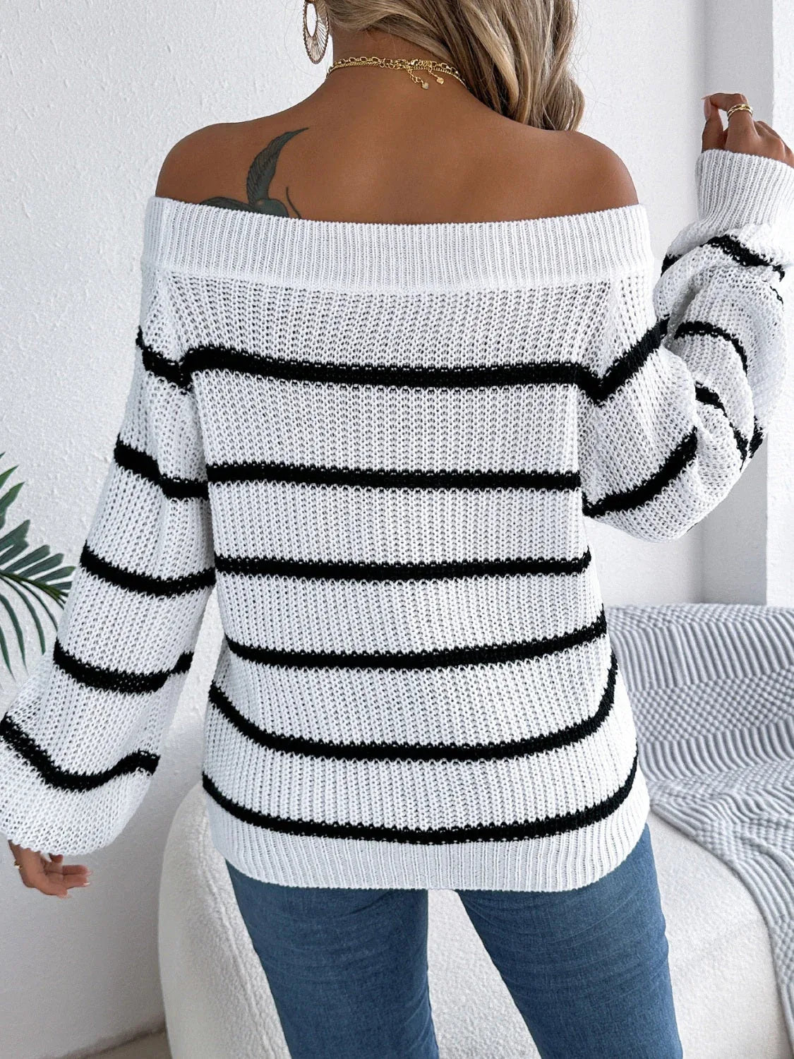 White Striped Off-Shoulder Knit Sweater - TEVQA