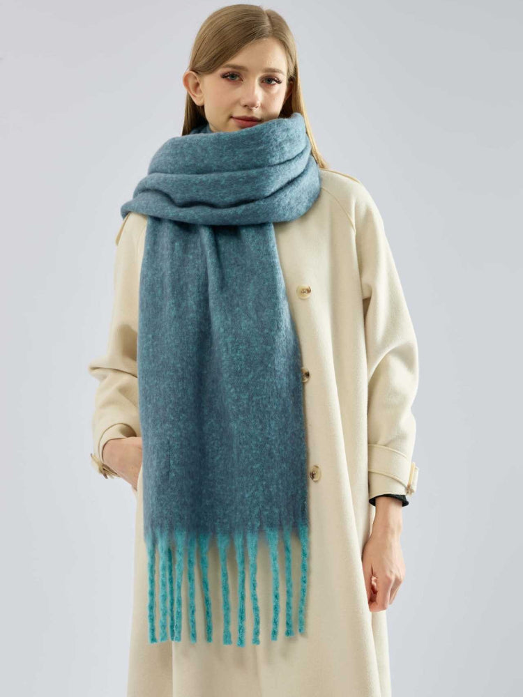 Women's Extra-Long Bouclé Scarf Soft Chunky Knit Winter Wrap with Fringe - Teal Blue
