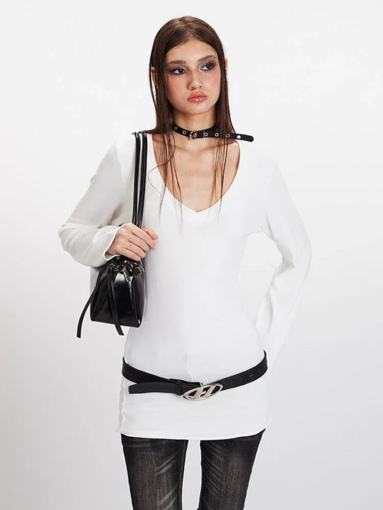 90s Minimalist Longline V-Neck Tee - TEVQA