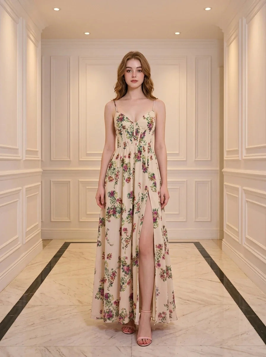 Woman wearing a cream-colored floral print maxi dress with spaghetti straps and a thigh-high slit, standing in a hallway.