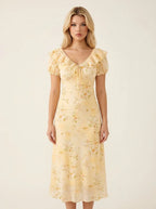Yellow Floral Ruffle V-Neck Puff Sleeve Midi Dress