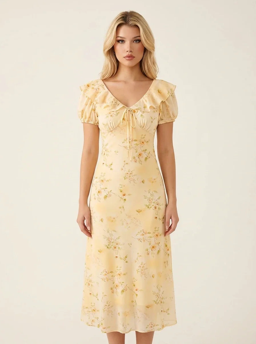 Yellow Floral Ruffle V-Neck Puff Sleeve Midi Dress