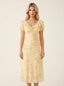 Yellow Floral Ruffle V-Neck Puff Sleeve Midi Dress