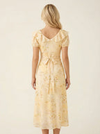 Yellow Floral Ruffle V-Neck Puff Sleeve Midi Dress
