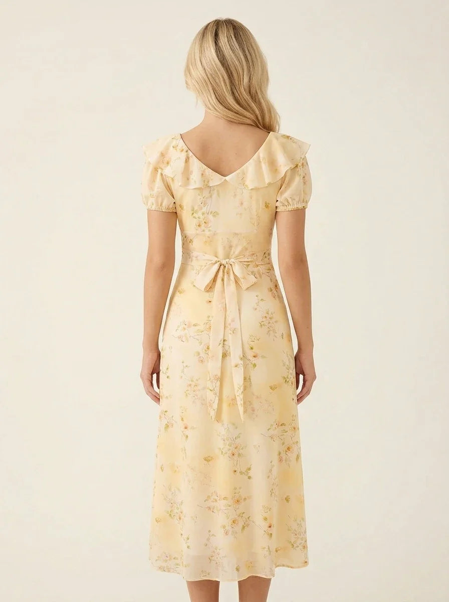 Yellow Floral Ruffle V-Neck Puff Sleeve Midi Dress