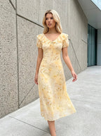 Yellow Floral Ruffle V-Neck Puff Sleeve Midi Dress