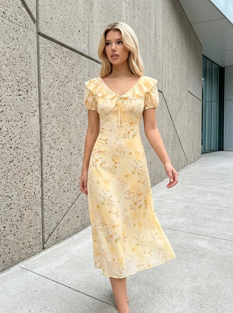 Yellow Floral Ruffle V-Neck Puff Sleeve Midi Dress