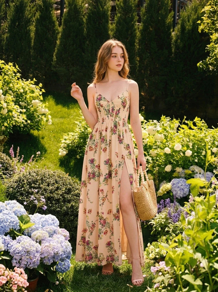 Woman wearing a cream-colored floral print maxi dress with spaghetti straps and a thigh-high slit, posing in a sunlit garden surrounded by flowers.