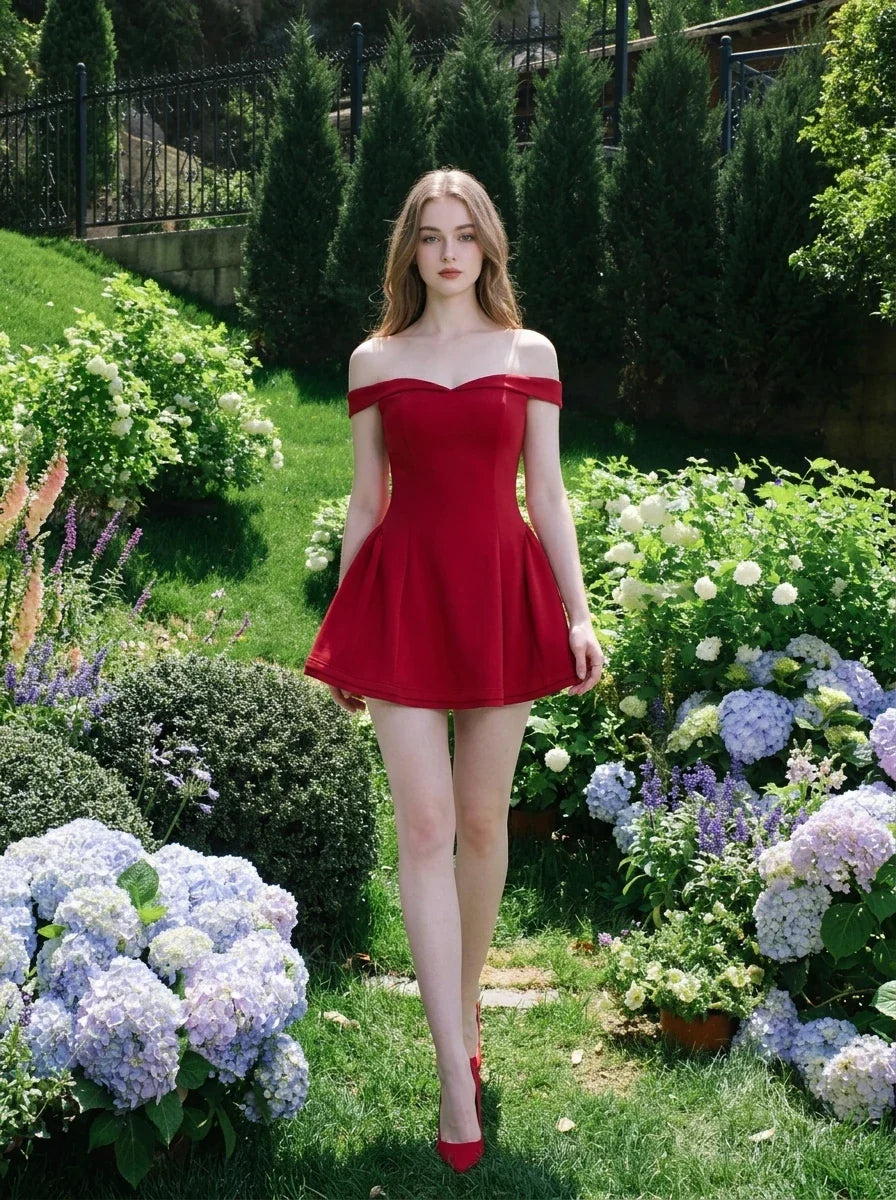 Woman in a red off-the-shoulder mini dress walking through a garden with hydrangeas