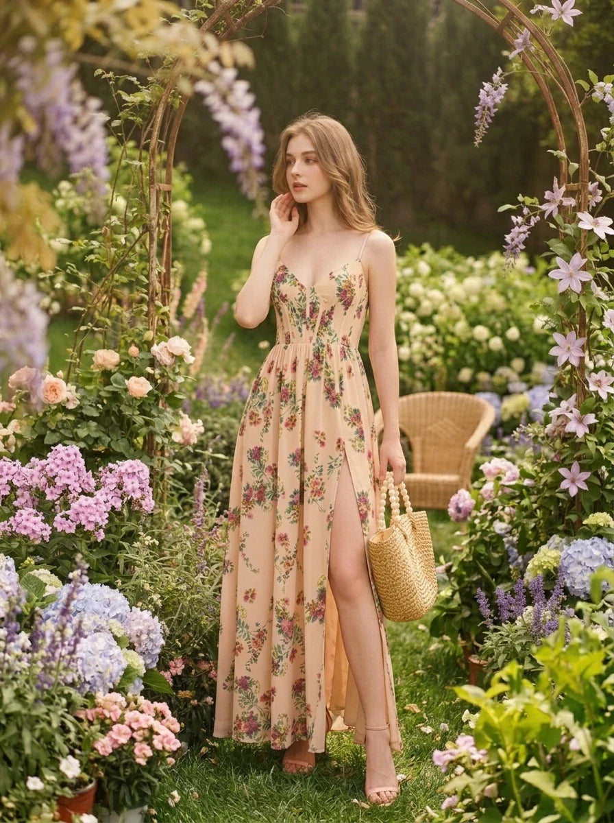 Woman wearing a cream-colored floral print maxi dress with spaghetti straps and a thigh-high slit, standing in a lush garden with blooming flowers.