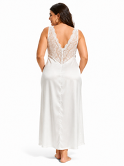Plus size white satin and lace maxi nightgown, back view