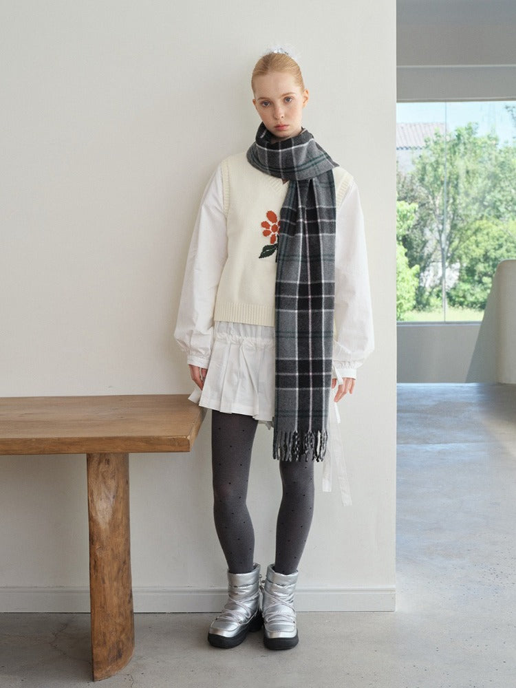 classic grey plaid wool blend scarf with fringe - View 6 | TEVQA