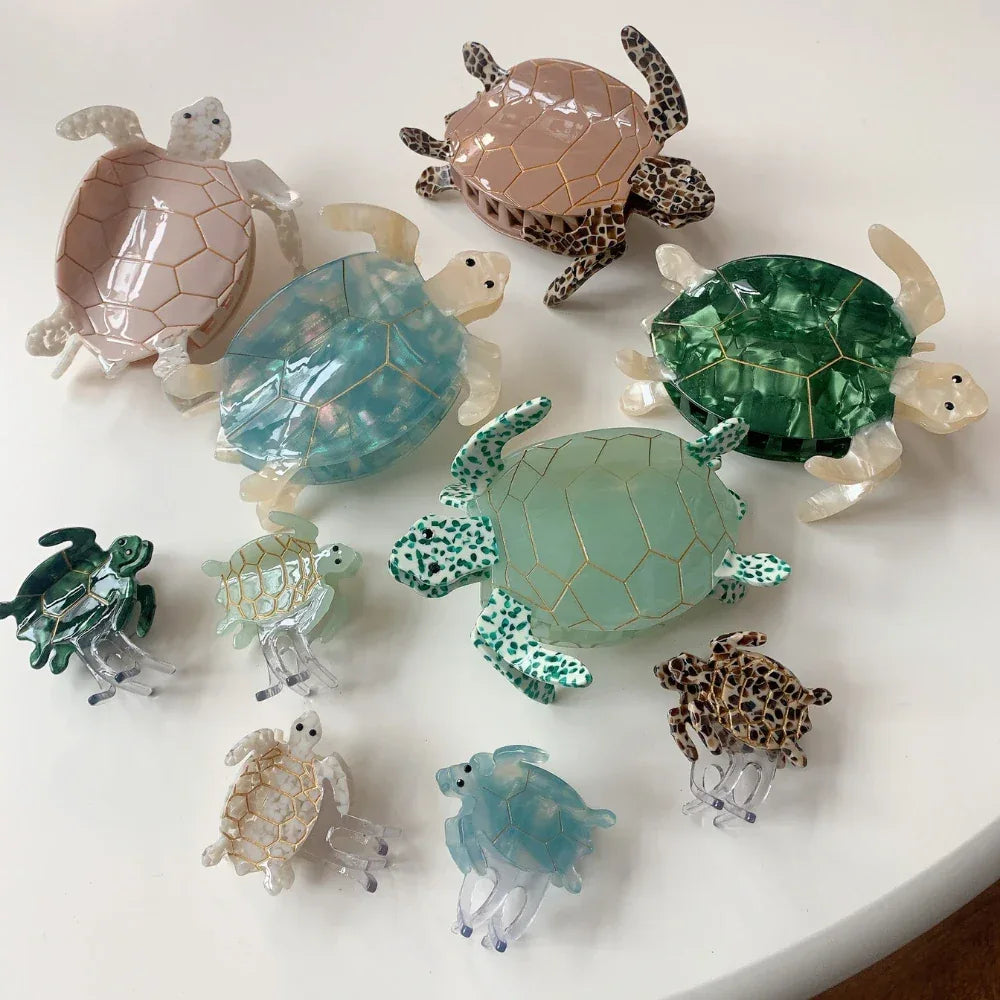 Collection of colorful turtle hair clips in various sizes and colors