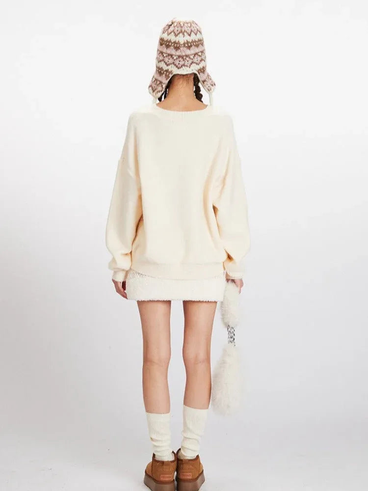 Vintage Cream Sketchy Bear Knit Sweater - TEVQA Secondary image