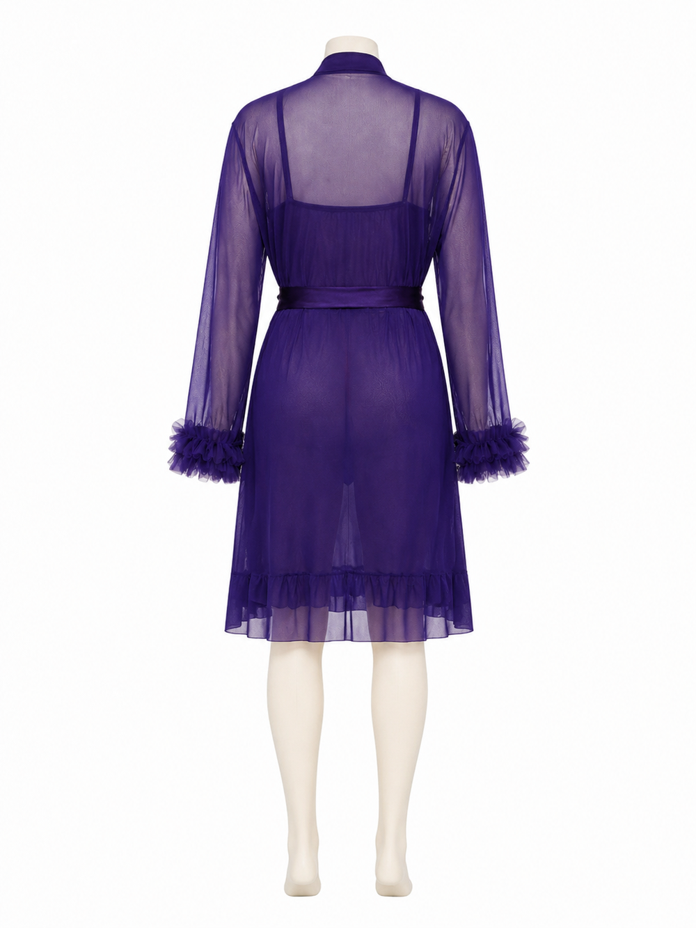 Purple sheer robe with lace trim, tie belt, and ruffled cuffs and hem, displayed on a mannequin back view.