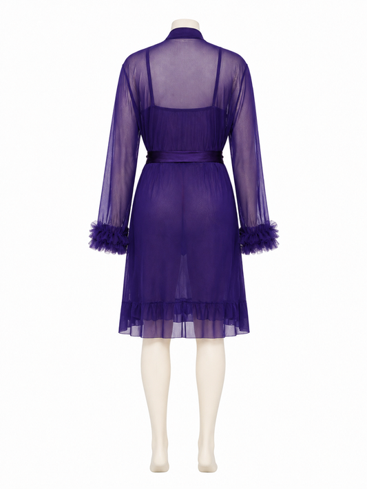 Purple sheer robe with lace trim, tie belt, and ruffled cuffs and hem, displayed on a mannequin back view.
