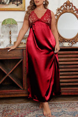 Plus Size Satin Nightgown with Floral Lace Bodice, V-Neck Maxi Sleep Dress - Red