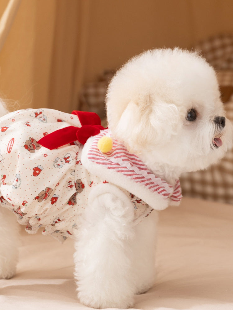 Warm Bear Print Fleece Dog Dress with Big Bow